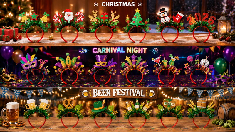 Festive party headbands with Christmas, carnival night, and beer festival themes on a bright background
