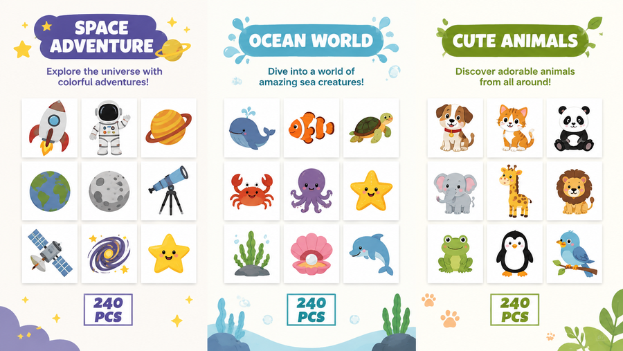 Multi-theme cartoon sticker set for kids including space, ocean, and animal designs, 240 PCS.