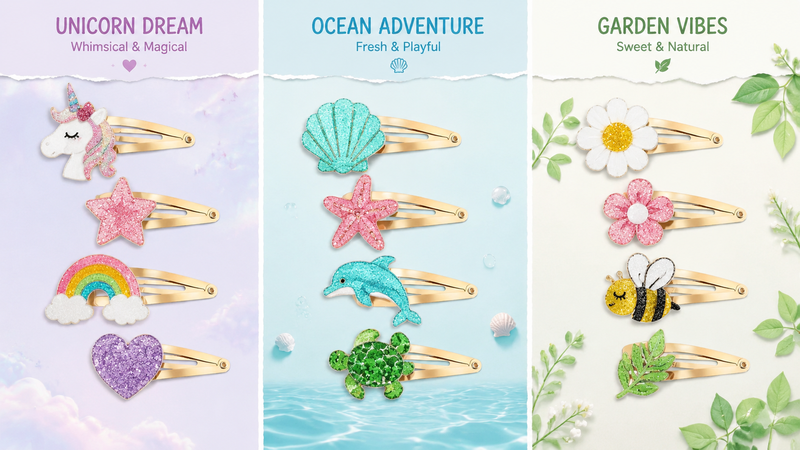 Colorful glitter hair clips in unicorn, ocean, and garden themes arranged in a flat lay.