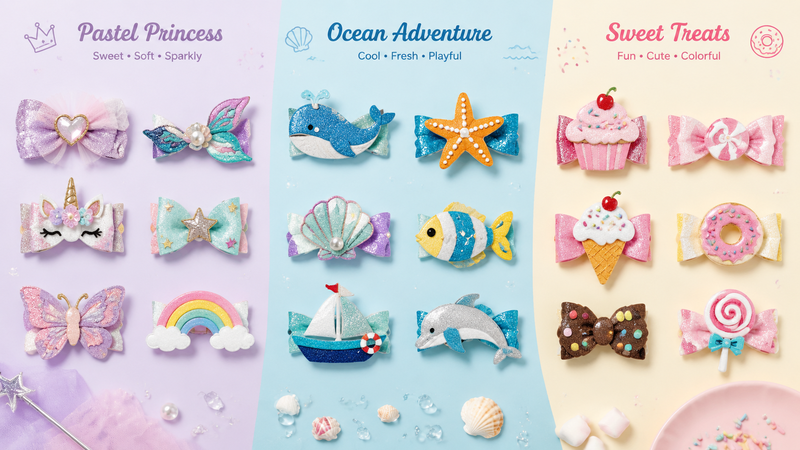 Colorful themed hair clips for children featuring glittery designs in holiday, ocean, and sweet themes.