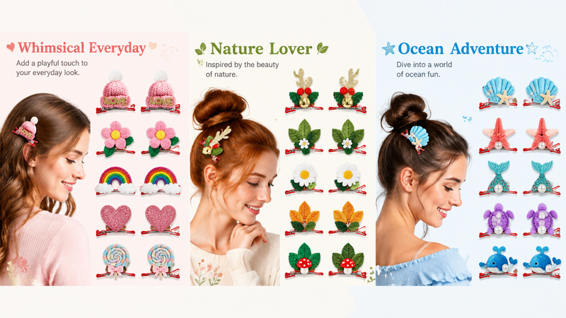 Festive and themed hair clips collage showcasing various styles for customization
