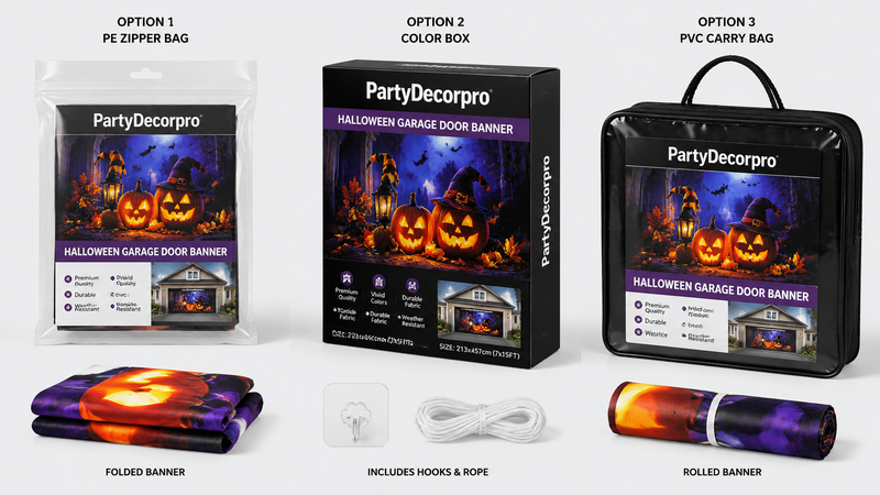 Halloween garage door banner packaging layout with multiple protective and display options
