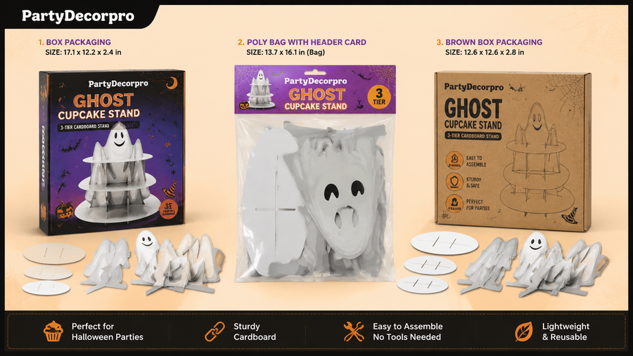 Halloween cupcake stand packaging options with customizable branding, including color box, poly bag, and brown box.