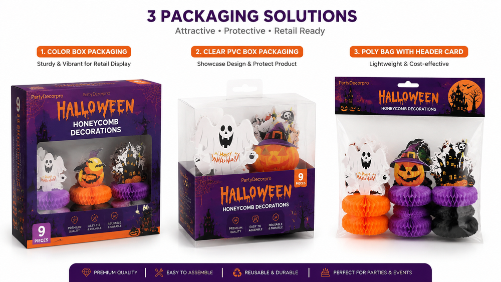 Halloween honeycomb paper decorations in varied shapes, colors, and 3D or transparent packaging, customizable and festive.