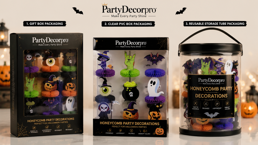 Three high-end Halloween-themed honeycomb party decoration packaging types including gift box, clear PVC box, and reusable storage tube.