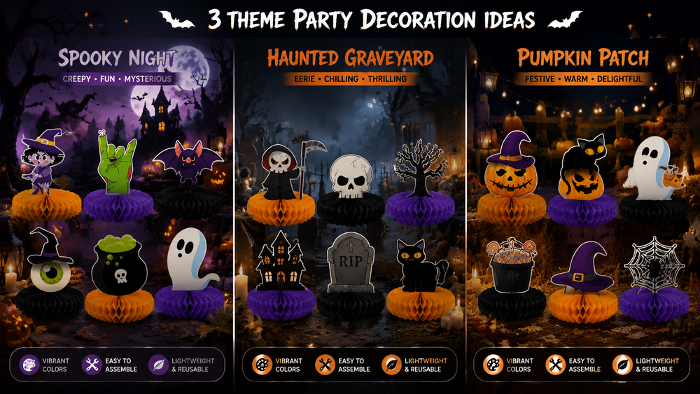 Three-panel Halloween-themed party decoration display with honeycomb paper bases, featuring witches, pumpkins, ghosts, bats, and spooky props in atmospheric backgrounds.