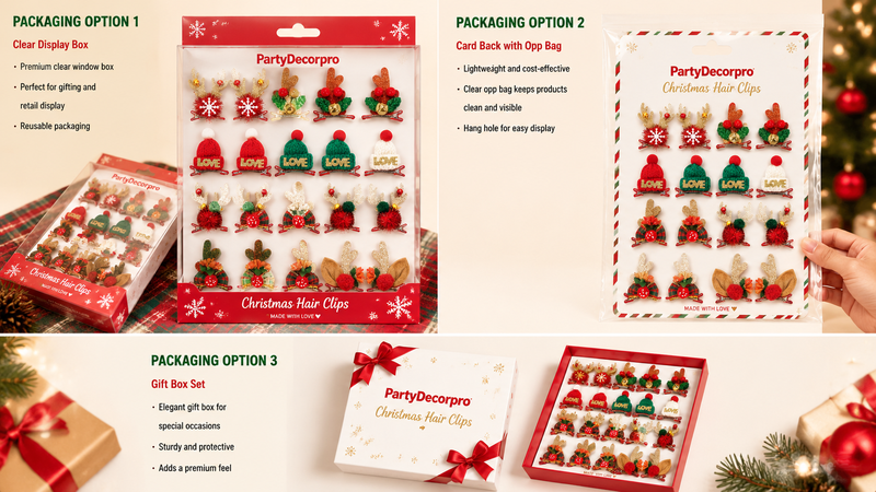 Holiday hair clip packaging options with custom branding and festive designs