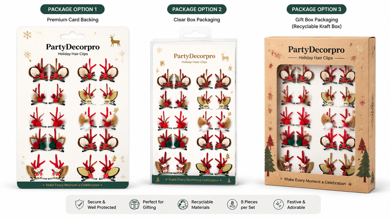 Festive hair clip packaging options including card backing, clear box, and gift box, customizable for brand display