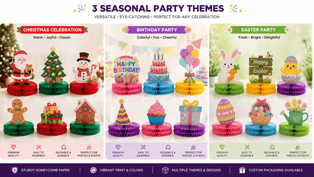 Holiday honeycomb paper decorations featuring Christmas, Birthday, and Easter themes, multi-element and colorful, customizable.