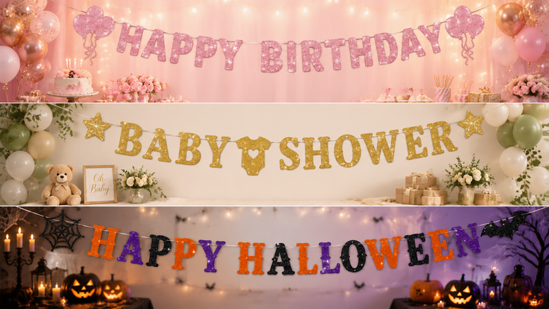Three festive banners with birthday, baby shower, and Halloween themes, glittery designs, customizable for brand and retail use