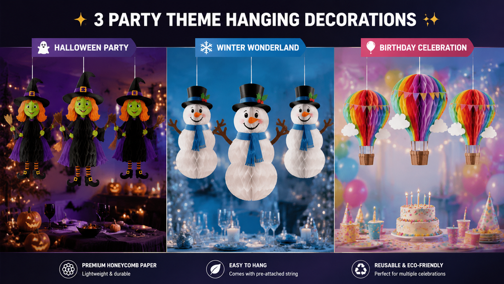 Three-party-themed hanging decorations including Halloween witches, winter snowmen, and colorful birthday hot air balloons.
