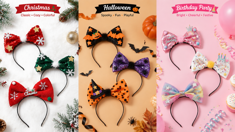 Festive sequin hairbands with bows, stars, and snowflakes for holiday events.