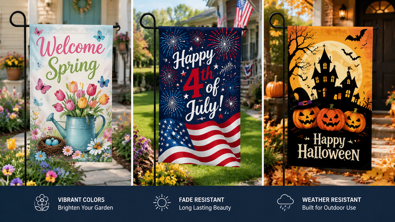 Festive garden flags set featuring Independence Day, sports event, and graduation designs with colorful, durable polyester material.