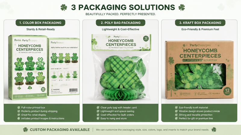 Three packaging options for honeycomb centerpieces: color box, poly bag, and kraft box, all customizable.