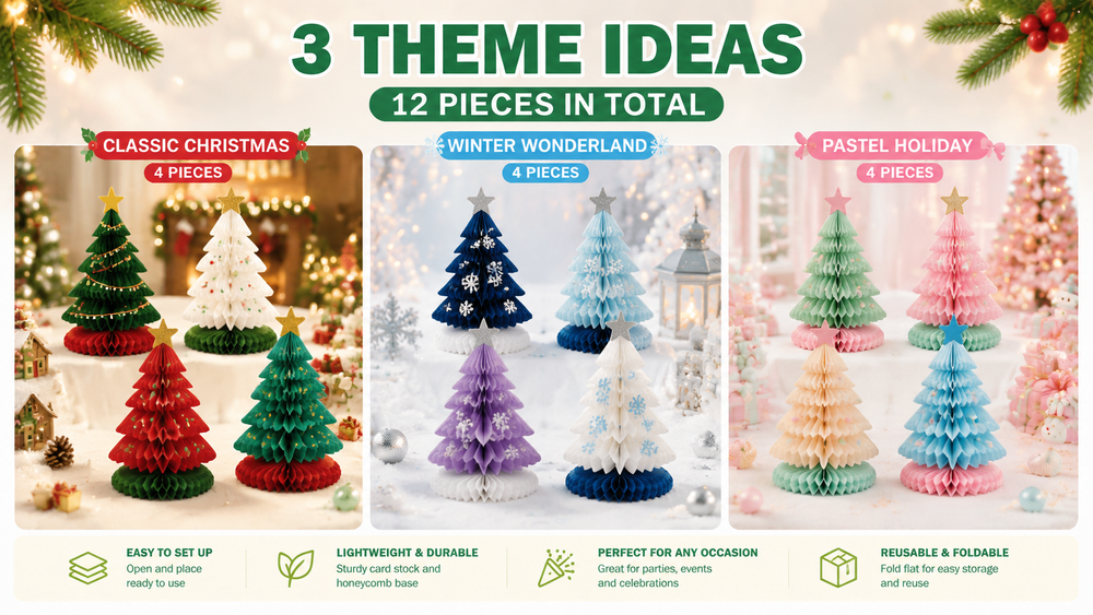 Colorful honeycomb paper Christmas tree decorations with card toppers, reusable and easy to assemble for holiday parties.
