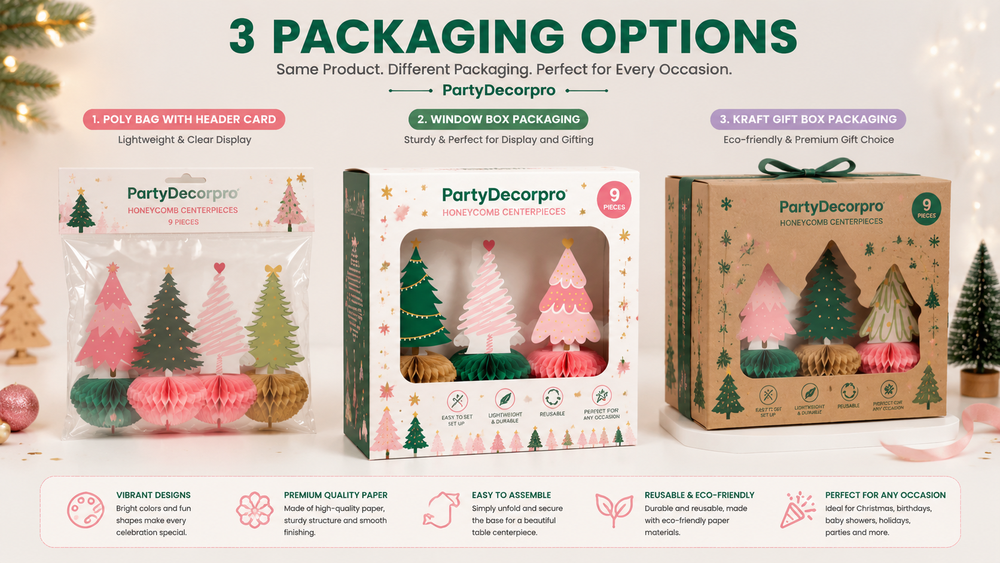Colorful Christmas decoration packaging with honeycomb bases and card toppers, multiple box designs, customizable for festive celebrations.