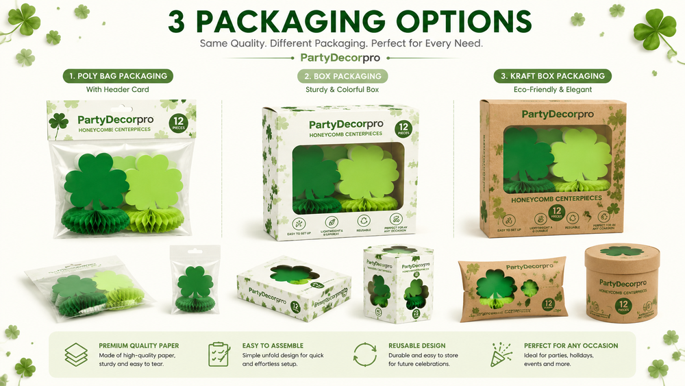 Various party decoration packaging options with honeycomb bases and card toppers, customizable for holidays and events.