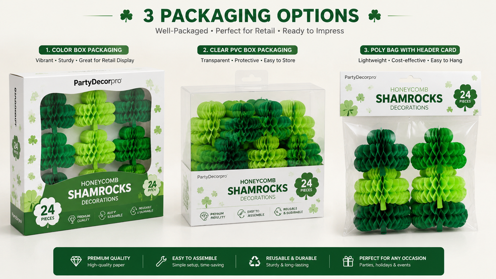 Honeycomb paper decorations in various packaging options, showcasing multiple design styles and shapes, customizable for parties and retail.