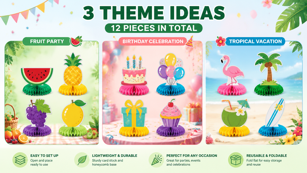 Colorful party decorations with honeycomb bases and card toppers, featuring birthday, tropical, and fruit themes.