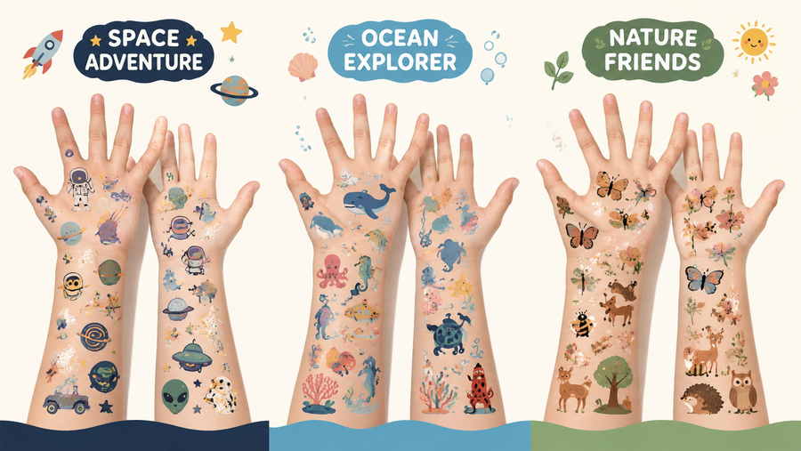 Multi-theme kids’ arm stickers with space, ocean, and nature designs for parties and gifts