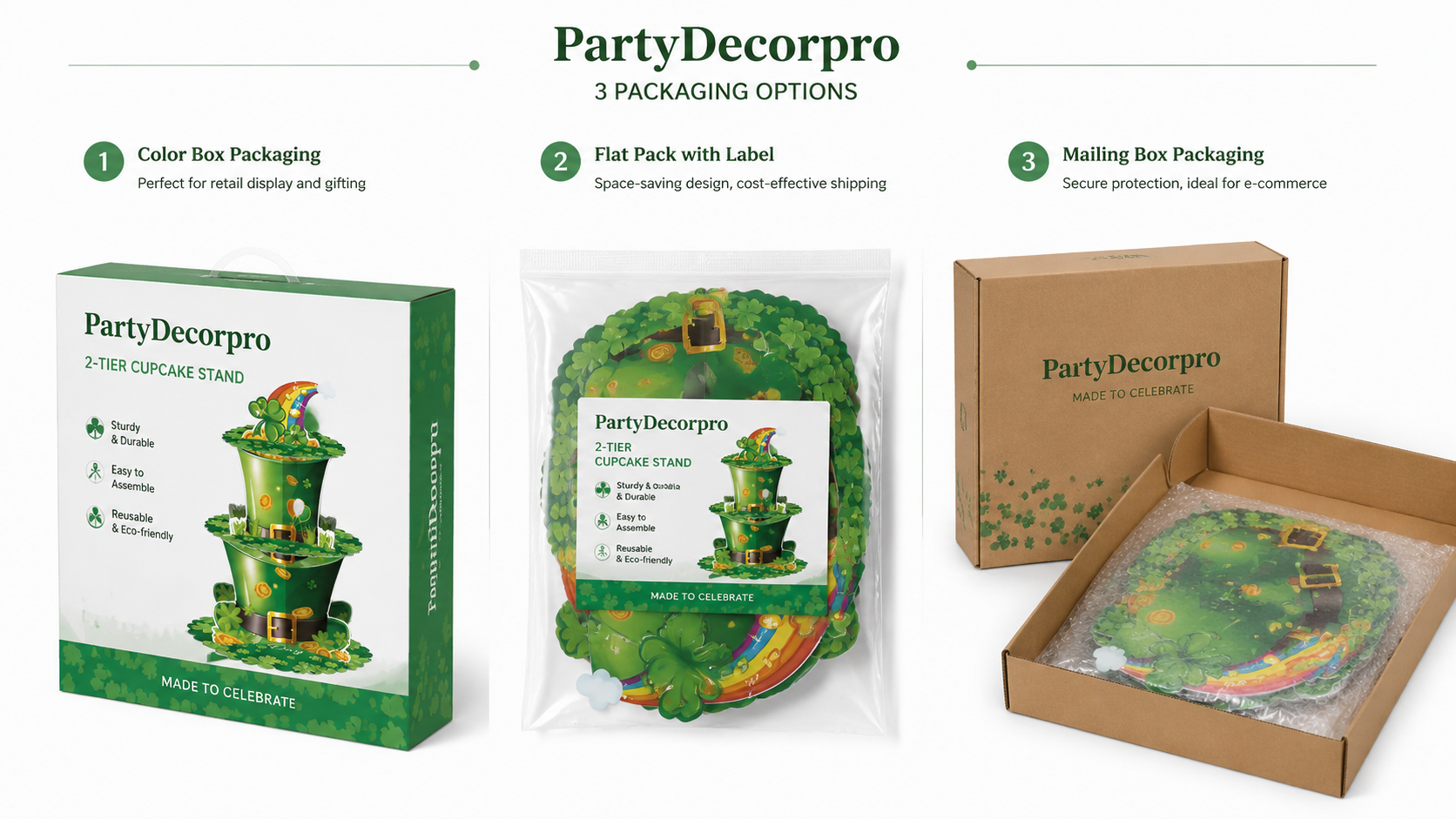 St. Patrick’s themed cupcake stand three packaging options display