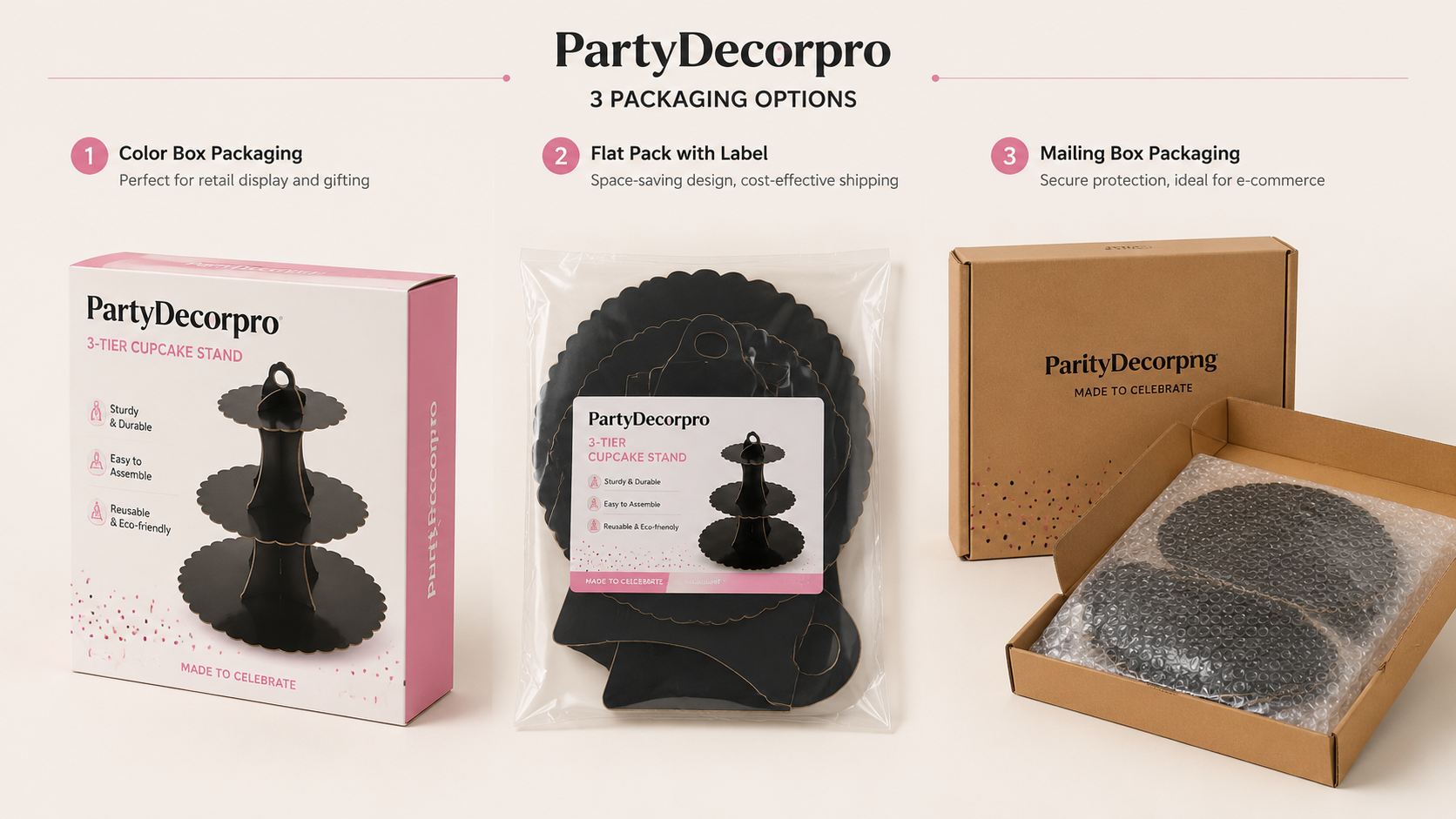Three-tier black cupcake stand with multiple packaging options display