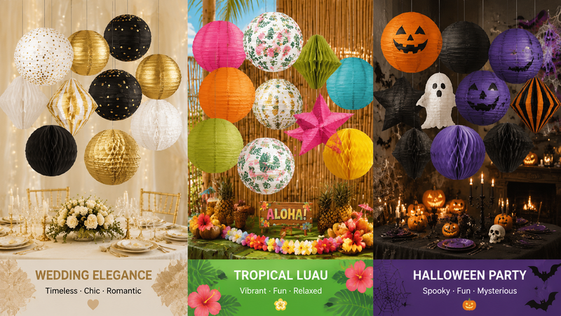 Festive party decorations set with multi-shaped paper ornaments in vibrant colors for various celebrations
