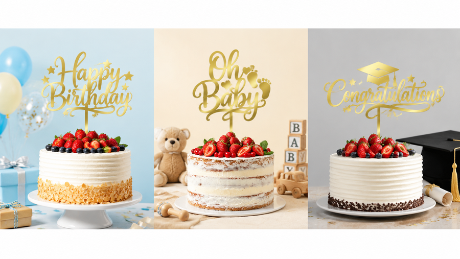 Multi-themed cakes with fresh fruits and gold script toppers for birthday, baby shower, and graduation celebrations.