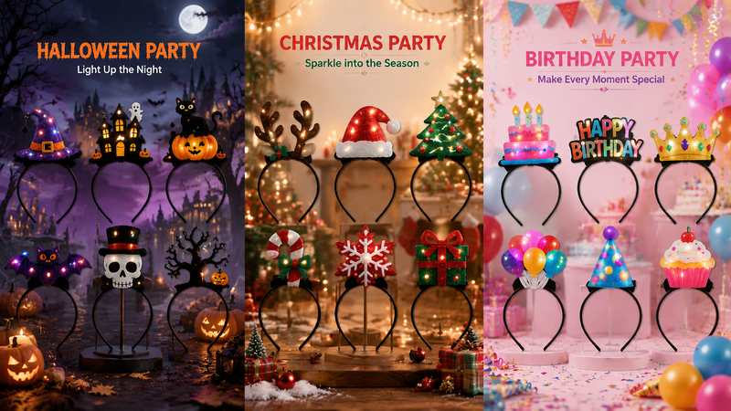 Assorted festive headbands with vibrant colors and multiple seasonal motifs for parties and holidays