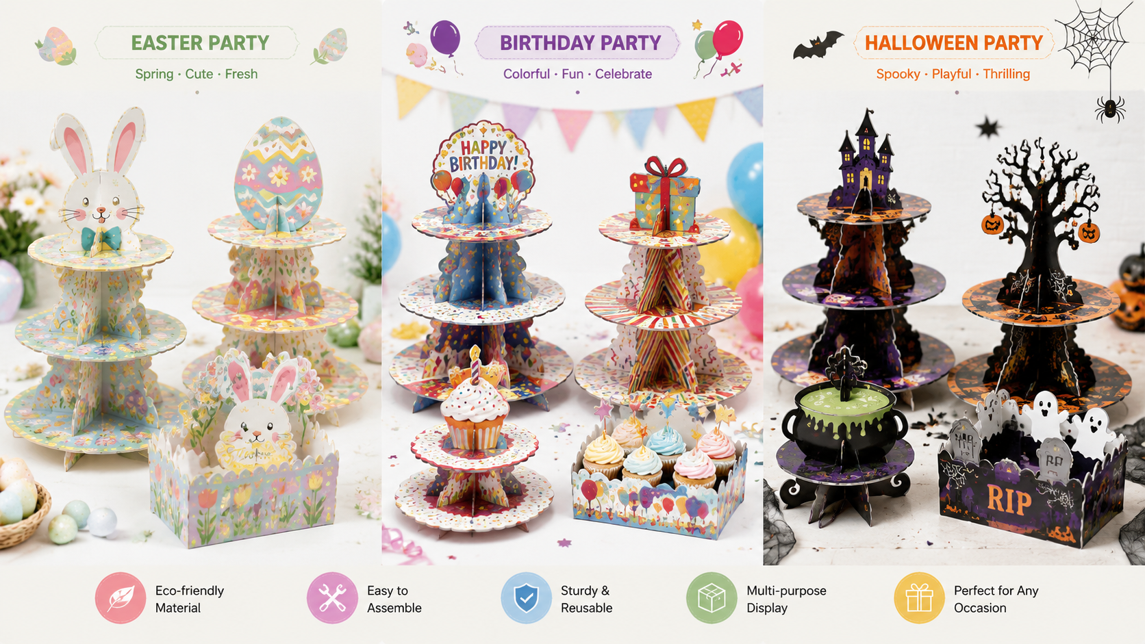 Multi-tiered festive cake stands with unique themed designs for various celebrations, including birthdays, Halloween, and baby showers.