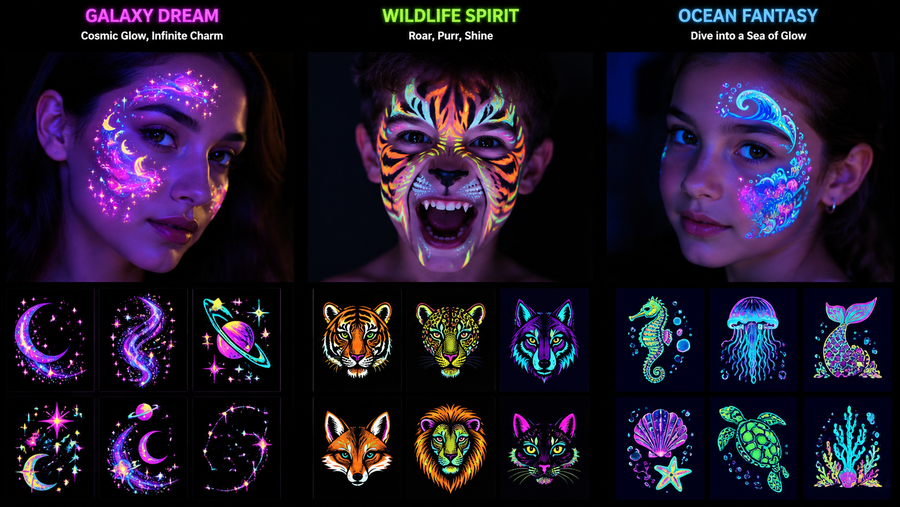 Vibrant UV face paint designs for festivals, parties, and themed events, featuring colorful, detailed, and customizable patterns.