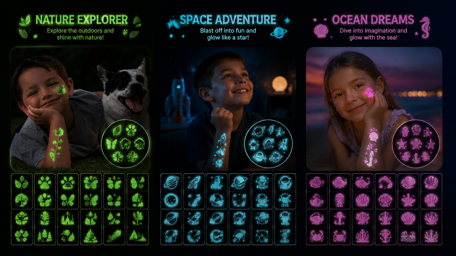 Glow-in-the-dark temporary tattoos showcasing nature, space, and ocean themed designs for kids.