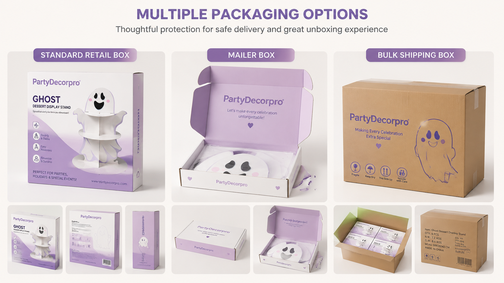 Various packaging options display, customizable with client branding