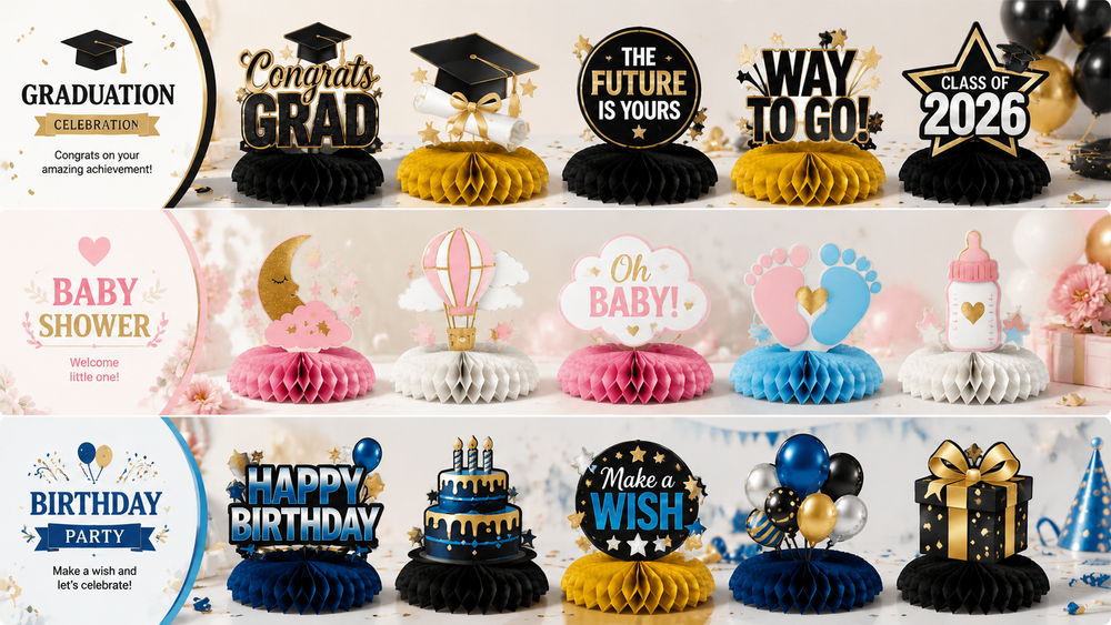 Graduation, Birthday, and Baby Shower themed party decorations with honeycomb paper bases, vibrant colors, and festive elements.