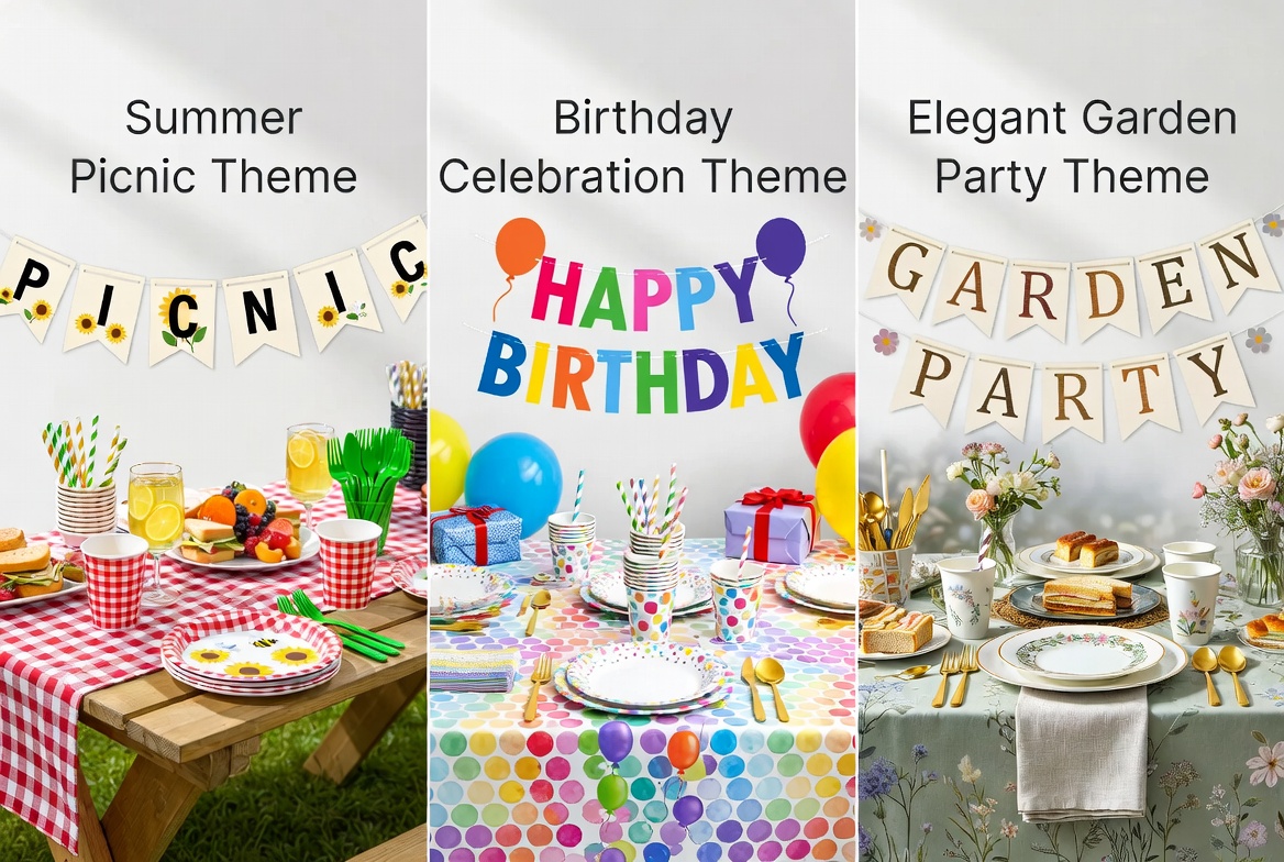 Colorful disposable party tableware sets in three themes: Summer Picnic, Birthday Celebration, and Elegant Garden Party, featuring plates, cups, banners and tablecloths