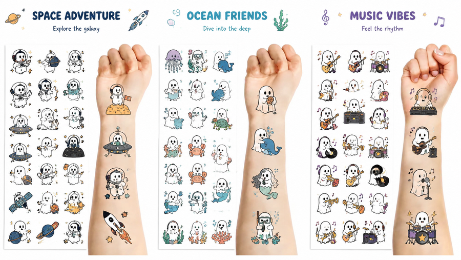 Ghost-themed temporary tattoos set applied on arms, featuring playful and cute designs for kids and parties.