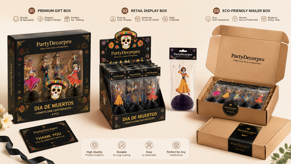 High-end festive decoration packaging including gift boxes, display boxes, and eco-friendly mailers with 3D elements.