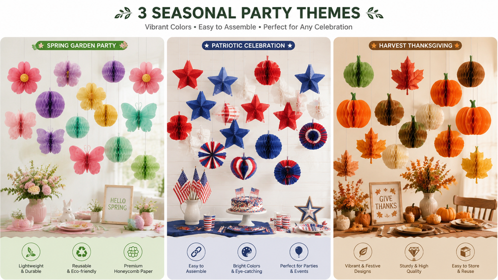 Seasonal honeycomb paper decorations for Spring, Patriotic, and Harvest Thanksgiving themes, colorful, multi-element, and customizable.