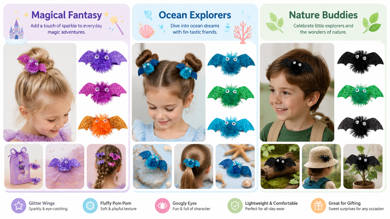 Colorful glitter bat hair clips with fluffy pom-pom bodies in multiple colors, ideal for kids’ fashion and party accessories.