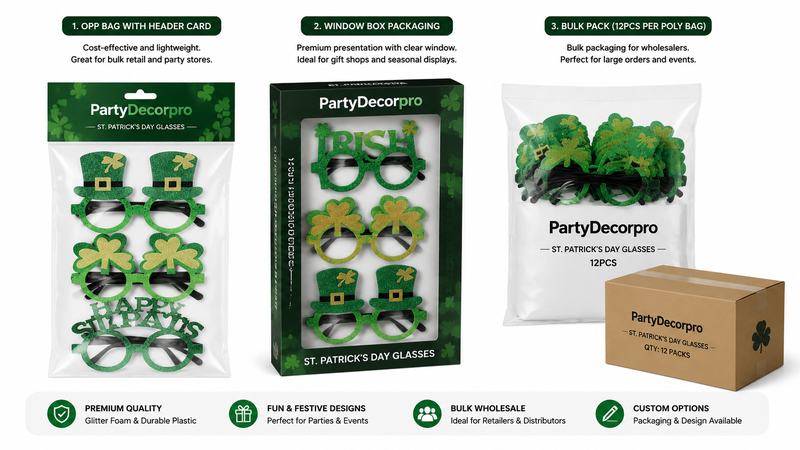 Green shamrock and leprechaun hat themed novelty glasses packaging for St. Patrick’s Day, suitable for wholesale and party events.