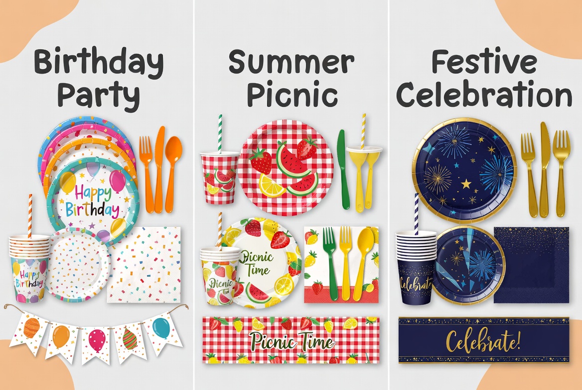 Three themed disposable party tableware sets - Birthday Party, Summer Picnic, and Festive Celebration, featuring plates, cups, utensils and napkins in vibrant designs