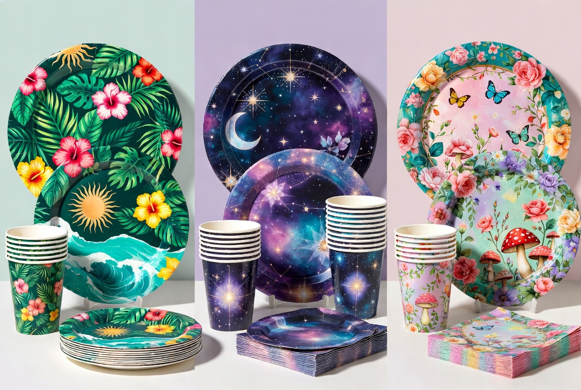 Colorful party supplies set featuring three themes: tropical paradise, celestial night sky, and enchanted garden designs on paper plates and cups in 16:9 product showcase