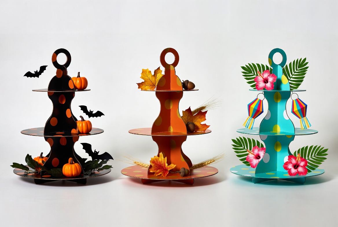 Three tier cardboard dessert stand in Halloween, Autumn Harvest and Tropical party themes on white background