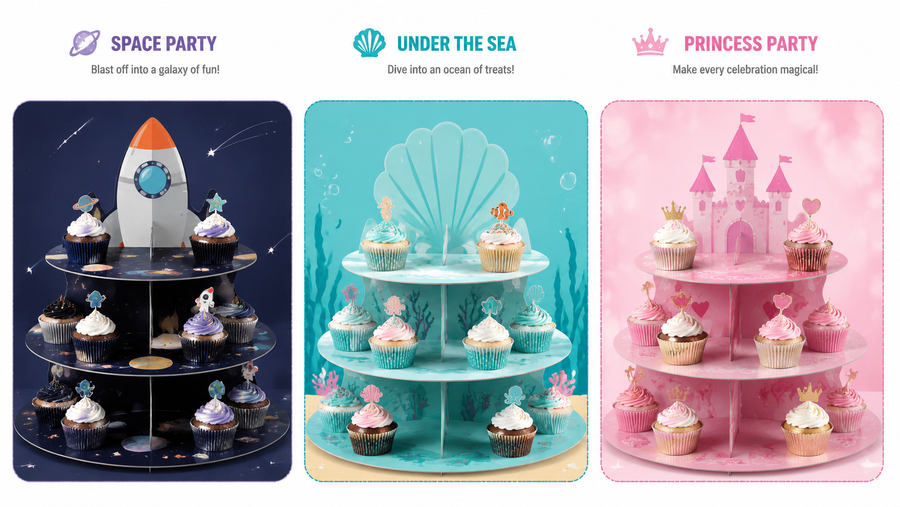 Three-tier party cupcake stand showcasing Halloween, Under the Sea, and Princess themed cupcakes