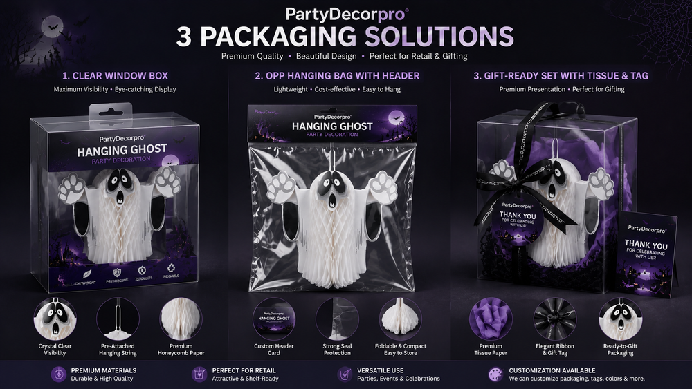 Three creative packaging options for hanging ghost decorations, including clear window box, OPP hanging bag, and gift-ready set with tissue and tag.