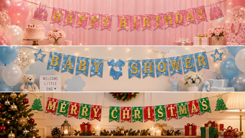 Birthday, baby shower, and Christmas themed banners with vibrant colors and reusable designs for festive decor and retail display