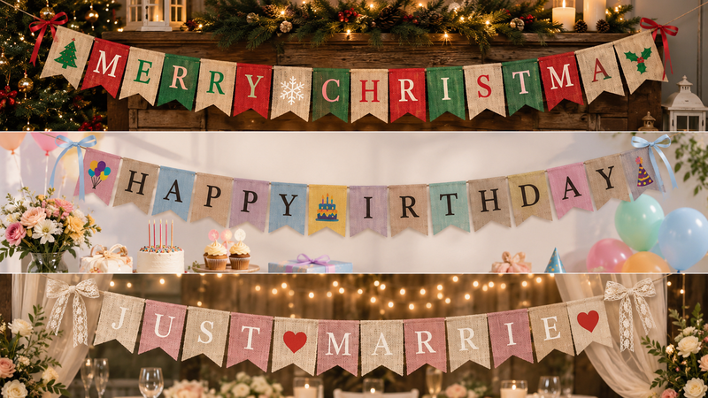 Colorful burlap banner sets for various holidays and party decorations with thematic background ambiance