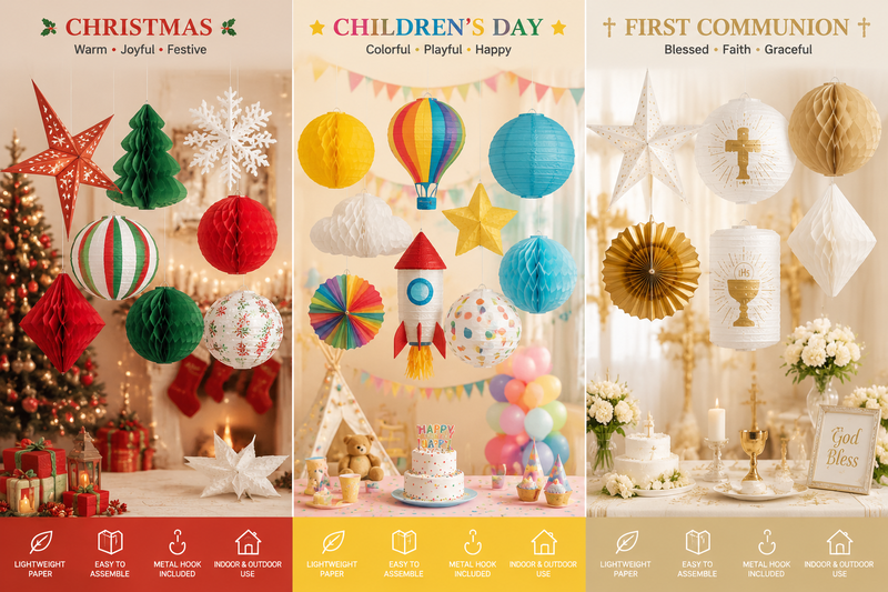 Multicolor decorative paper lanterns in various shapes and patterns for festive and party settings.