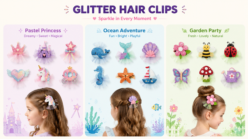 Colorful glittery holiday and party-themed hair clips with tulle accents, suitable for kids' dress-up