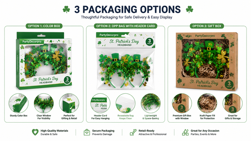 Festive headband packaging layout with protective boxes and customizable design options for wholesale.
